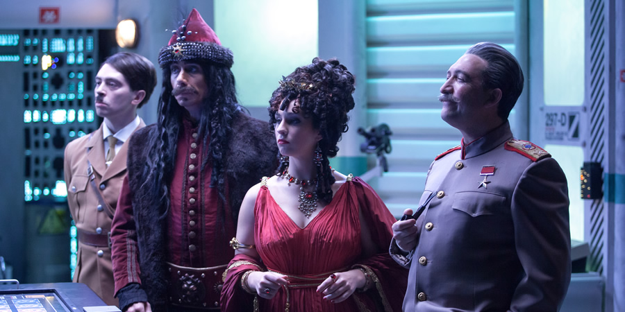 Red Dwarf. Image shows from L to R: Hitler (Ryan Gage), Vlad the Impaler (Philippe Spall), Messalina (Chloe Hawkins), Stalin (Callum Coates). Red Dwarf. Image shows from L to R: Hitler (Ryan Gage), Vlad the Impaler (Philippe Spall), Messalina (Chloe Hawkins), Stalin (Callum Coates).