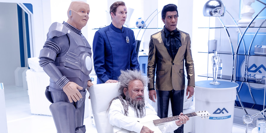 Red Dwarf. Image shows from L to R: Kryten (Robert Llewellyn), Rimmer (Chris Barrie), Lister (Craig Charles), Cat (Danny John-Jules). Red Dwarf. Image shows from L to R: Kryten (Robert Llewellyn), Rimmer (Chris Barrie), Lister (Craig Charles), Cat (Danny John-Jules).