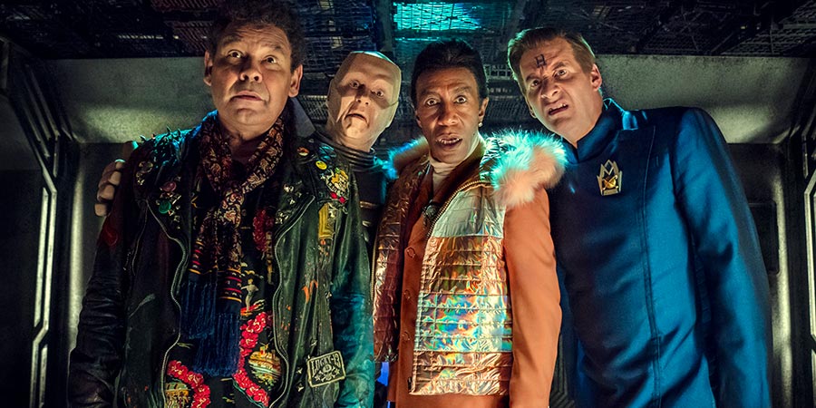 Red Dwarf. Image shows from L to R: Lister (Craig Charles), Cat (Danny John-Jules), Kryten (Robert Llewellyn), Rimmer (Chris Barrie). Red Dwarf. Image shows from L to R: Lister (Craig Charles), Cat (Danny John-Jules), Kryten (Robert Llewellyn), Rimmer (Chris Barrie).