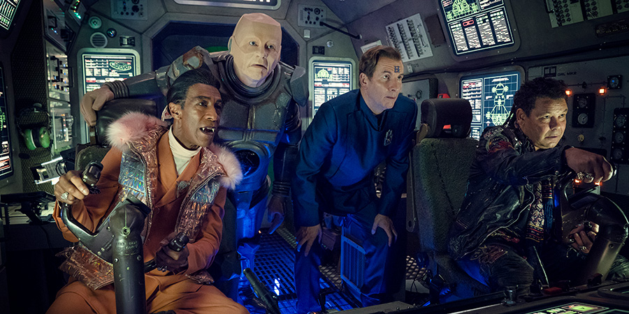 Red Dwarf. Image shows from L to R: Cat (Danny John-Jules), Kryten (Robert Llewellyn), Rimmer (Chris Barrie), Lister (Craig Charles). Red Dwarf. Image shows from L to R: Cat (Danny John-Jules), Kryten (Robert Llewellyn), Rimmer (Chris Barrie), Lister (Craig Charles).