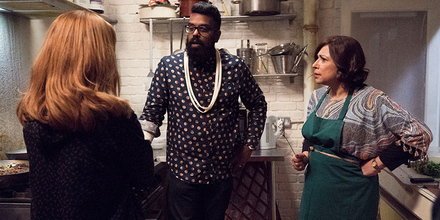 The Reluctant Landlord. Image shows from L to R: Natasha (Sian Gibson), Romesh (Romesh Ranganathan), Jayanthi (Shaheen Khan). Copyright: What Larks Productions. The Reluctant Landlord. Image shows from L to R: Natasha (Sian Gibson), Romesh (Romesh Ranganathan), Jayanthi (Shaheen Khan). Copyright: What Larks Productions.