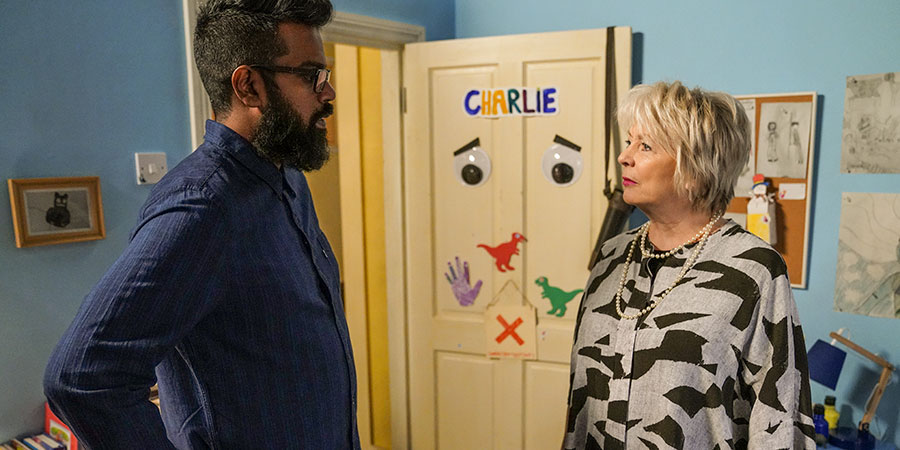 The Reluctant Landlord. Image shows from L to R: Romesh (Romesh Ranganathan), Debbie (Alison Steadman). Copyright: What Larks Productions. The Reluctant Landlord. Image shows from L to R: Romesh (Romesh Ranganathan), Debbie (Alison Steadman). Copyright: What Larks Productions.
