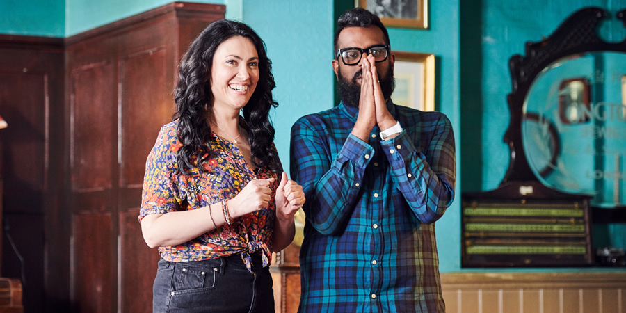 The Reluctant Landlord. Image shows from L to R: Julie (Yasmine Akram), Romesh (Romesh Ranganathan). Copyright: What Larks Productions. The Reluctant Landlord. Image shows from L to R: Julie (Yasmine Akram), Romesh (Romesh Ranganathan). Copyright: What Larks Productions.