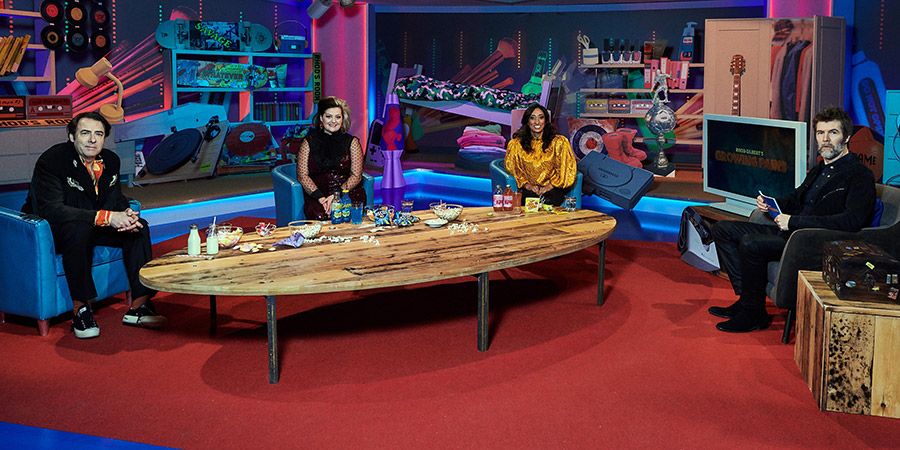 Rhod Gilbert's Growing Pains. Image shows from L to R: Jonathan Ross, Kiri Pritchard-McLean, Shazia Mirza, Rhod Gilbert. Copyright: Rumpus Media. Rhod Gilbert's Growing Pains. Image shows from L to R: Jonathan Ross, Kiri Pritchard-McLean, Shazia Mirza, Rhod Gilbert. Copyright: Rumpus Media.