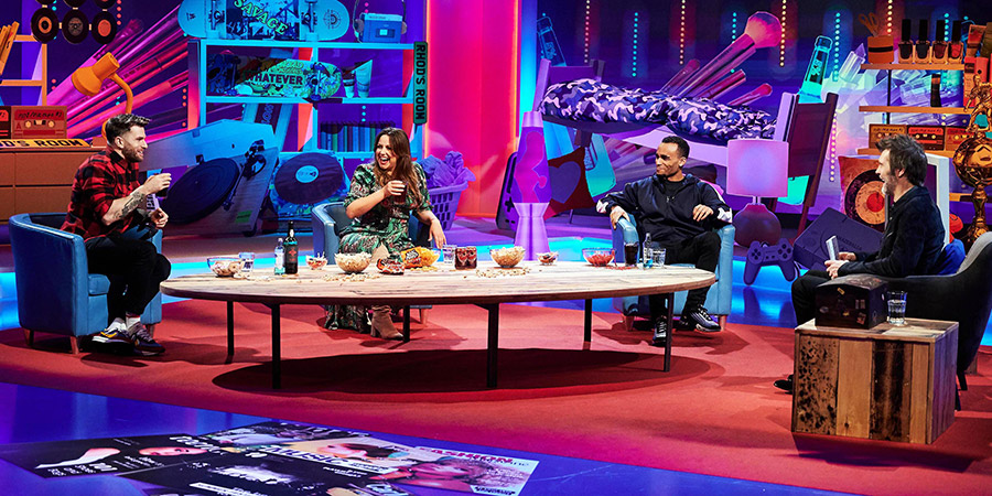 Rhod Gilbert's Growing Pains. Image shows from L to R: Joel Dommett, Charlotte Church, Munya Chawawa, Rhod Gilbert. Copyright: Rumpus Media. Rhod Gilbert's Growing Pains. Image shows from L to R: Joel Dommett, Charlotte Church, Munya Chawawa, Rhod Gilbert. Copyright: Rumpus Media.