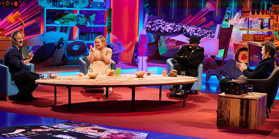 Rhod Gilbert's Growing Pains. Image shows from L to R: David Baddiel, Nicola Coughlan, Darren Harriott, Rhod Gilbert. Copyright: Rumpus Media. Rhod Gilbert's Growing Pains. Image shows from L to R: David Baddiel, Nicola Coughlan, Darren Harriott, Rhod Gilbert. Copyright: Rumpus Media.