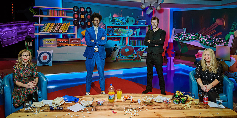Rhod Gilbert's Growing Pains. Image shows from L to R: Sally Phillips, Richard Ayoade, Rhod Gilbert, Roisin Conaty. Copyright: Rumpus Media. Rhod Gilbert's Growing Pains. Image shows from L to R: Sally Phillips, Richard Ayoade, Rhod Gilbert, Roisin Conaty. Copyright: Rumpus Media.