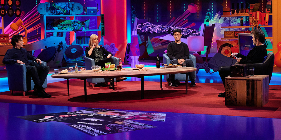 Rhod Gilbert's Growing Pains. Image shows from L to R: Stephen Mangan, Sara Cox, Phil Wang, Rhod Gilbert. Copyright: Rumpus Media. Rhod Gilbert's Growing Pains. Image shows from L to R: Stephen Mangan, Sara Cox, Phil Wang, Rhod Gilbert. Copyright: Rumpus Media.