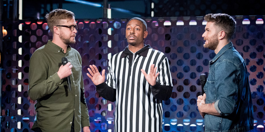 Roast Battle. Image shows from L to R: Iain Stirling, Brian Moses, Joel Dommett. Roast Battle. Image shows from L to R: Iain Stirling, Brian Moses, Joel Dommett.