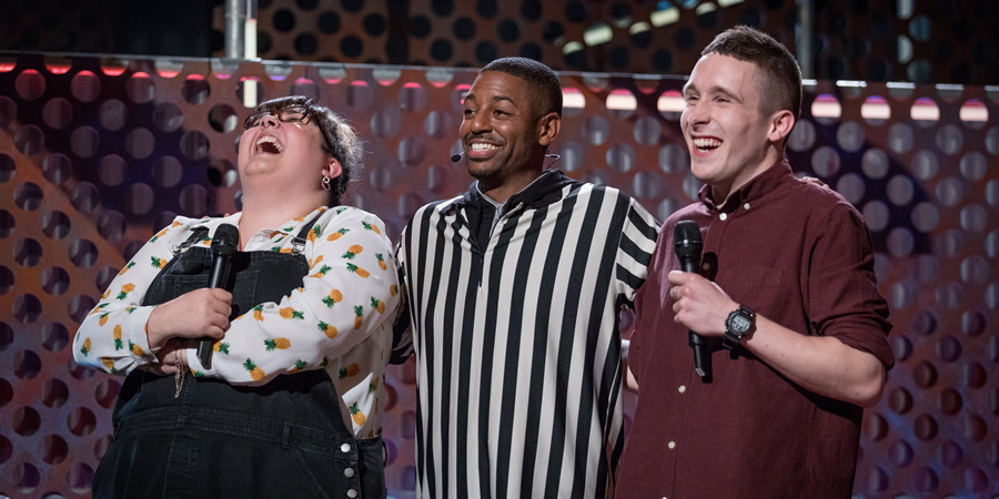 Roast Battle. Image shows from L to R: Sofie Hagen, Brian Moses, Larry Dean. Roast Battle. Image shows from L to R: Sofie Hagen, Brian Moses, Larry Dean.
