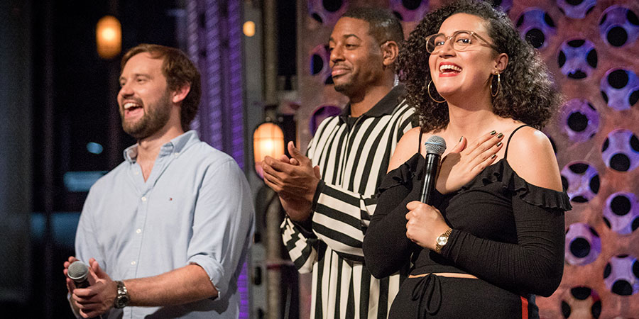 Roast Battle. Image shows from L to R: Naz Osmanoglu, Brian Moses, Rose Matafeo. Roast Battle. Image shows from L to R: Naz Osmanoglu, Brian Moses, Rose Matafeo.