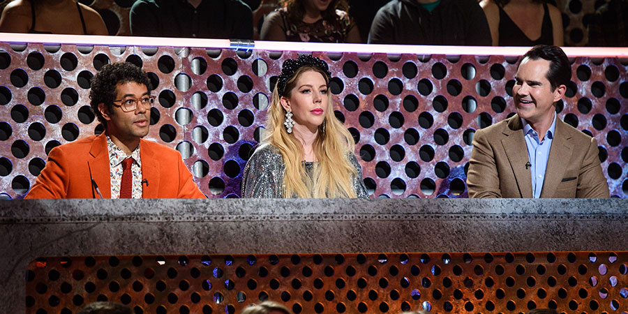 Roast Battle. Image shows from L to R: Richard Ayoade, Katherine Ryan, Jimmy Carr. Copyright: Fulwell 73 Productions. Roast Battle. Image shows from L to R: Richard Ayoade, Katherine Ryan, Jimmy Carr. Copyright: Fulwell 73 Productions.