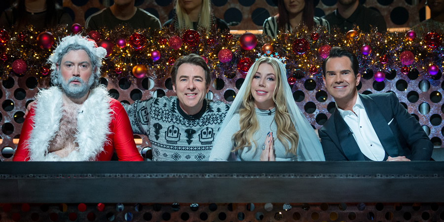 Roast Battle. Image shows from L to R: Santa (Nick Helm), Jonathan Ross, Katherine Ryan, Jimmy Carr. Roast Battle. Image shows from L to R: Santa (Nick Helm), Jonathan Ross, Katherine Ryan, Jimmy Carr.