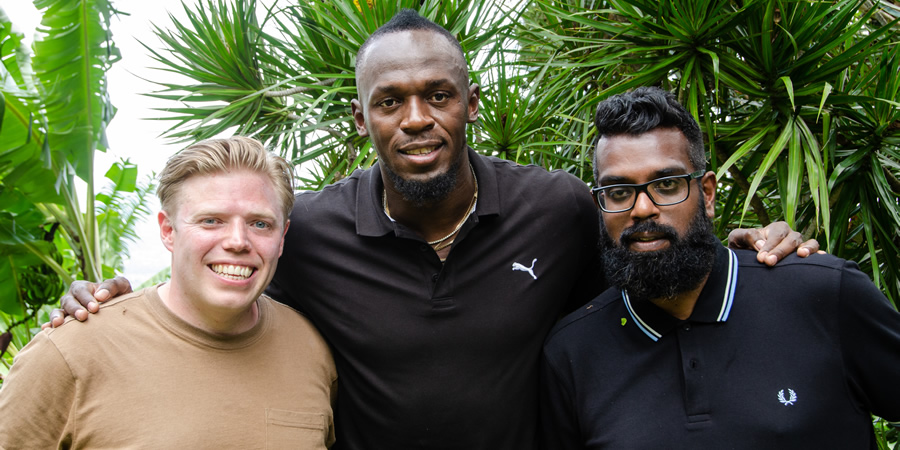 Rob And Romesh Vs. Image shows from L to R: Rob Beckett, Usain Bolt, Romesh Ranganathan. Copyright: CPL Productions. Rob And Romesh Vs. Image shows from L to R: Rob Beckett, Usain Bolt, Romesh Ranganathan. Copyright: CPL Productions.