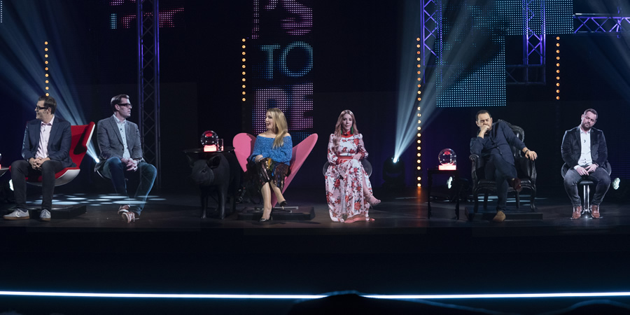 Romesh's Look Back To The Future. Image shows from L to R: Richard Osman, Katherine Ryan, Danny Dyer. Copyright: Hungry Bear Media. Romesh's Look Back To The Future. Image shows from L to R: Richard Osman, Katherine Ryan, Danny Dyer. Copyright: Hungry Bear Media.