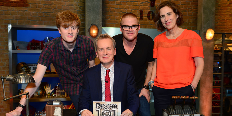 Room 101. Image shows from L to R: James Acaster, Frank Skinner, Heston Blumenthal, Kirsty Wark. Copyright: Hat Trick Productions. Room 101. Image shows from L to R: James Acaster, Frank Skinner, Heston Blumenthal, Kirsty Wark. Copyright: Hat Trick Productions.