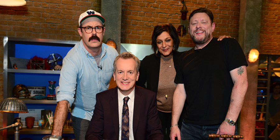 Room 101. Image shows from L to R: Sam Simmons, Frank Skinner, Meera Syal, Shaun Ryder. Copyright: Hat Trick Productions. Room 101. Image shows from L to R: Sam Simmons, Frank Skinner, Meera Syal, Shaun Ryder. Copyright: Hat Trick Productions.