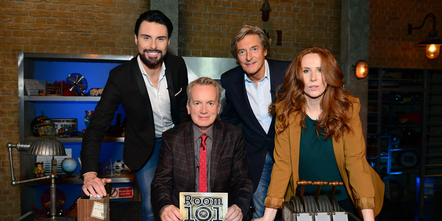 Room 101. Image shows from L to R: Rylan Clark-Neal, Frank Skinner, Nigel Havers, Catherine Tate. Copyright: Hat Trick Productions. Room 101. Image shows from L to R: Rylan Clark-Neal, Frank Skinner, Nigel Havers, Catherine Tate. Copyright: Hat Trick Productions.