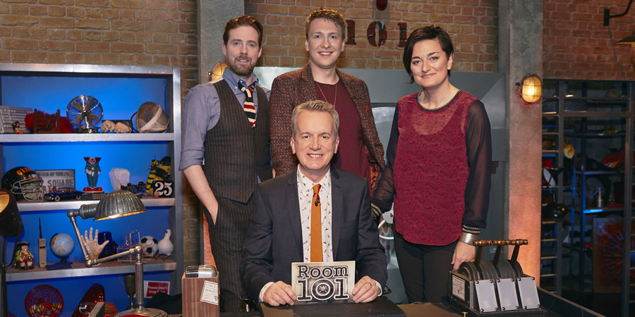 Room 101. Image shows from L to R: Ricky Wilson, Frank Skinner, Joe Lycett, Zoe Lyons. Copyright: Hat Trick Productions. Room 101. Image shows from L to R: Ricky Wilson, Frank Skinner, Joe Lycett, Zoe Lyons. Copyright: Hat Trick Productions.
