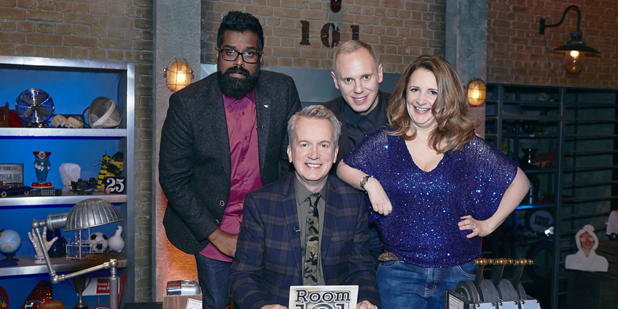 Room 101. Image shows from L to R: Romesh Ranganathan, Frank Skinner, Robert Rinder, Lucy Porter. Copyright: Hat Trick Productions. Room 101. Image shows from L to R: Romesh Ranganathan, Frank Skinner, Robert Rinder, Lucy Porter. Copyright: Hat Trick Productions.