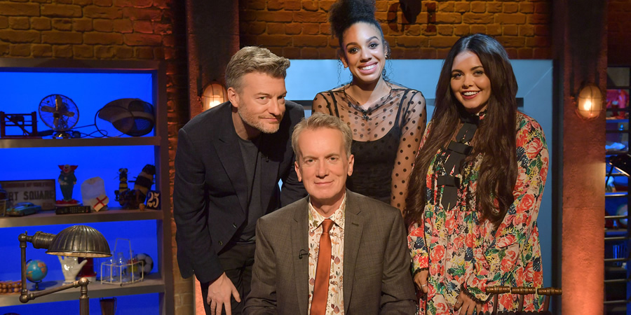 Room 101. Image shows from L to R: Charlie Brooker, Frank Skinner, Pearl Mackie, Scarlett Moffatt. Copyright: Hat Trick Productions. Room 101. Image shows from L to R: Charlie Brooker, Frank Skinner, Pearl Mackie, Scarlett Moffatt. Copyright: Hat Trick Productions.