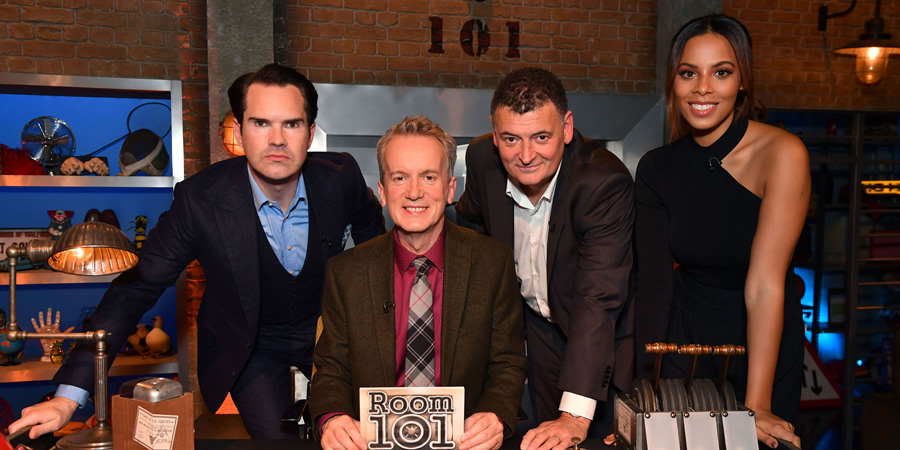 Room 101. Image shows from L to R: Jimmy Carr, Frank Skinner, Steven Moffat, Rochelle Humes. Copyright: Hat Trick Productions. Room 101. Image shows from L to R: Jimmy Carr, Frank Skinner, Steven Moffat, Rochelle Humes. Copyright: Hat Trick Productions.