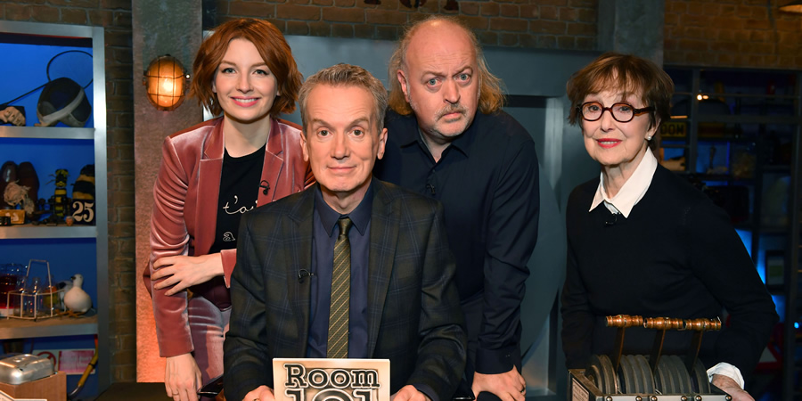 Room 101. Image shows from L to R: Alice Levine, Frank Skinner, Bill Bailey, Una Stubbs. Copyright: Hat Trick Productions. Room 101. Image shows from L to R: Alice Levine, Frank Skinner, Bill Bailey, Una Stubbs. Copyright: Hat Trick Productions.