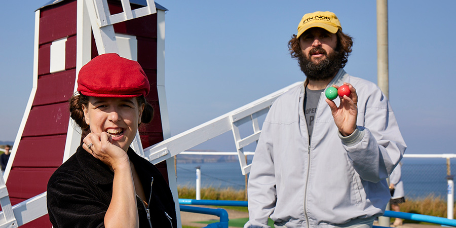 Trip Hazard: My Great British Adventure. Image shows from L to R: Rosie Jones, Joe Wilkinson. Trip Hazard: My Great British Adventure. Image shows from L to R: Rosie Jones, Joe Wilkinson.