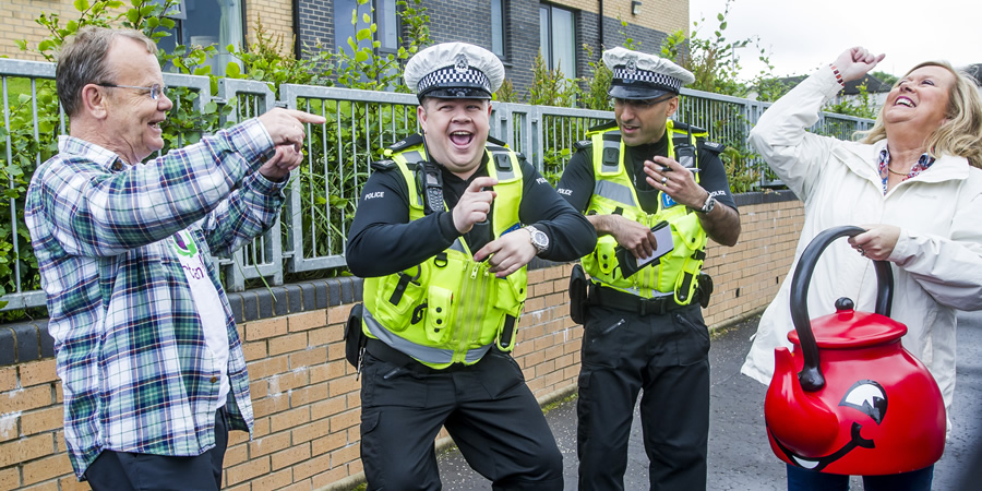 Scot Squad. Image shows from L to R: Artie Trezise, PC Hugh McKirdy (Graeme Stevely), PC Surjit Singh (Manjot Sumal), Cilla Fisher. Copyright: The Comedy Unit. Scot Squad. Image shows from L to R: Artie Trezise, PC Hugh McKirdy (Graeme Stevely), PC Surjit Singh (Manjot Sumal), Cilla Fisher. Copyright: The Comedy Unit.