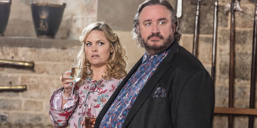 Shakespeare & Hathaway - Private Investigators. Image shows from L to R: Luella Shakespeare (Jo Joyner), Frank Hathaway (Mark Benton). Shakespeare & Hathaway - Private Investigators. Image shows from L to R: Luella Shakespeare (Jo Joyner), Frank Hathaway (Mark Benton).