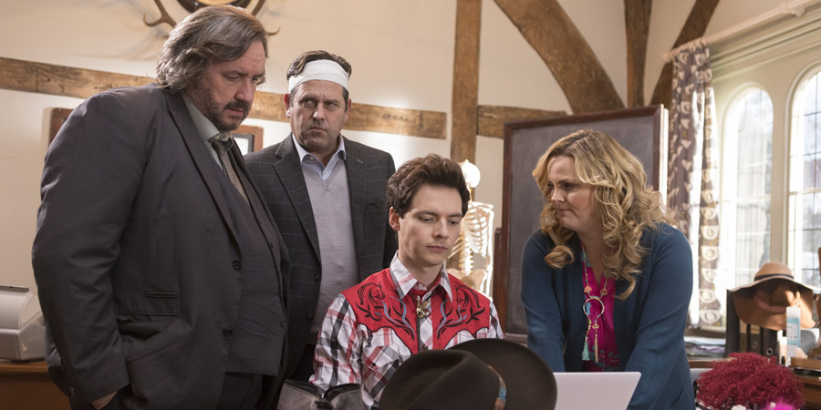 Shakespeare & Hathaway - Private Investigators. Image shows from L to R: Frank Hathaway (Mark Benton), Alfred D'Angelo (Patrick Baladi), Sebastian Brudenell (Patrick Walshe McBride), Luella Shakespeare (Jo Joyner). Shakespeare & Hathaway - Private Investigators. Image shows from L to R: Frank Hathaway (Mark Benton), Alfred D'Angelo (Patrick Baladi), Sebastian Brudenell (Patrick Walshe McBride), Luella Shakespeare (Jo Joyner).