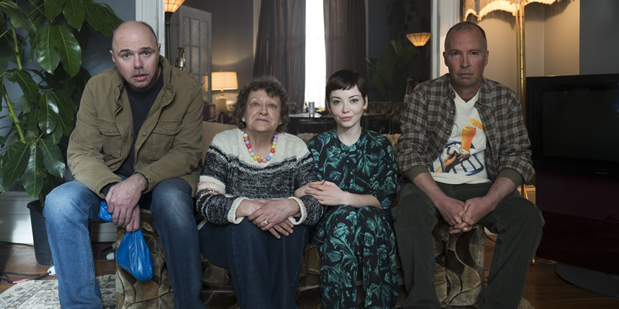 Sick Of It. Image shows from L to R: Karl (Karl Pilkington), Rhonda (Stephanie Fayerman), Ruby (Marama Corlett), Eddie (Doug Stanhope). Sick Of It. Image shows from L to R: Karl (Karl Pilkington), Rhonda (Stephanie Fayerman), Ruby (Marama Corlett), Eddie (Doug Stanhope).