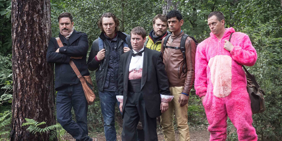 Stag. Image shows from L to R: Cosmo (Rufus Jones), Ledge (JJ Feild), Ian (Jim Howick), Neils (Pilou Asbæk), The Mexican (Amit Shah), Johnners (Stephen Campbell Moore). Copyright: BBC / Idiotlamp. Stag. Image shows from L to R: Cosmo (Rufus Jones), Ledge (JJ Feild), Ian (Jim Howick), Neils (Pilou Asbæk), The Mexican (Amit Shah), Johnners (Stephen Campbell Moore). Copyright: BBC / Idiotlamp.