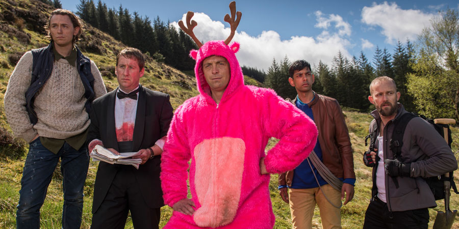 Stag. Image shows from L to R: Ledge (JJ Feild), Ian (Jim Howick), Johnners (Stephen Campbell Moore), The Mexican (Amit Shah), Christoph (Christiaan Van Vuuren). Copyright: BBC / Idiotlamp. Stag. Image shows from L to R: Ledge (JJ Feild), Ian (Jim Howick), Johnners (Stephen Campbell Moore), The Mexican (Amit Shah), Christoph (Christiaan Van Vuuren). Copyright: BBC / Idiotlamp.