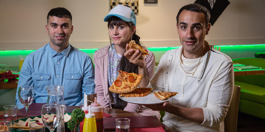 Stath Lets Flats. Image shows from L to R: Cem (David Mumeni), Sophie (Natasia Demetriou), Stath (Jamie Demetriou). Copyright: Roughcut Television. Stath Lets Flats. Image shows from L to R: Cem (David Mumeni), Sophie (Natasia Demetriou), Stath (Jamie Demetriou). Copyright: Roughcut Television.