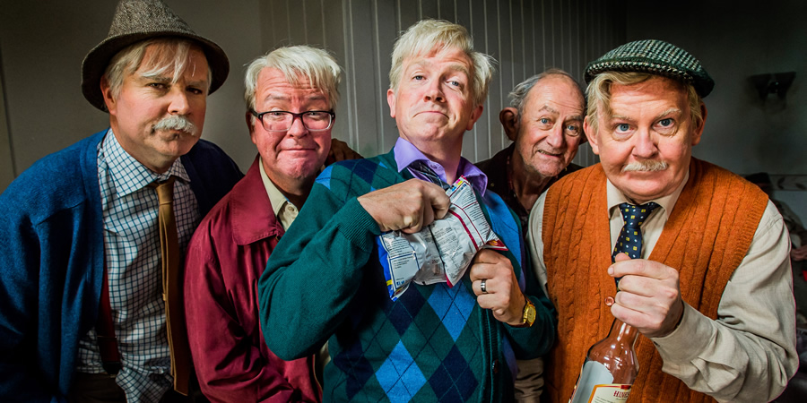 Still Game. Image shows from L to R: Victor McDade (Greg Hemphill), Winston Ingram (Paul Riley), Tam Mullen (Mark Cox), Shug (Paul Young), Jack Jarvis (Ford Kiernan). Still Game. Image shows from L to R: Victor McDade (Greg Hemphill), Winston Ingram (Paul Riley), Tam Mullen (Mark Cox), Shug (Paul Young), Jack Jarvis (Ford Kiernan).