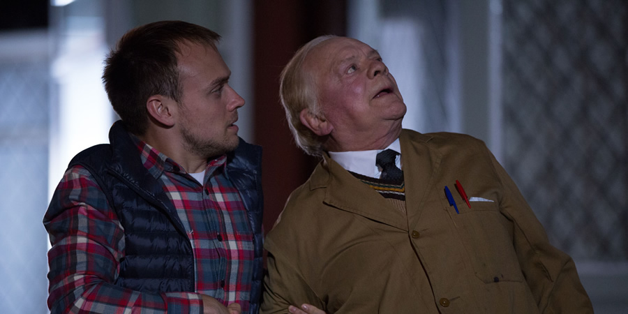 Still Open All Hours. Image shows from L to R: Leroy (James Baxter), Granville (David Jason). Copyright: BBC. Still Open All Hours. Image shows from L to R: Leroy (James Baxter), Granville (David Jason). Copyright: BBC.