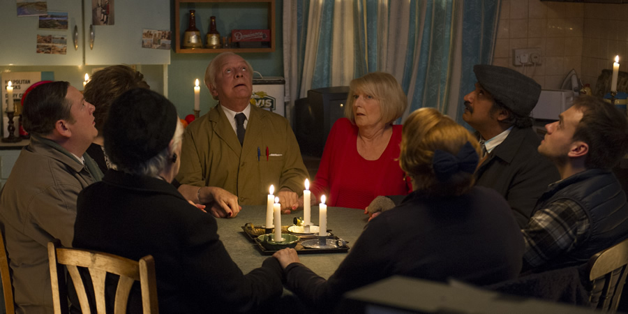 Still Open All Hours. Image shows from L to R: Wet Eric (Johnny Vegas), Granville (David Jason), Mavis (Maggie Ollerenshaw), Cyril (Kulvinder Ghir), Leroy (James Baxter). Copyright: BBC. Still Open All Hours. Image shows from L to R: Wet Eric (Johnny Vegas), Granville (David Jason), Mavis (Maggie Ollerenshaw), Cyril (Kulvinder Ghir), Leroy (James Baxter). Copyright: BBC.