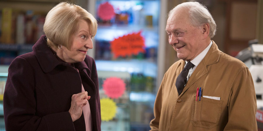 Still Open All Hours. Image shows from L to R: Mavis (Maggie Ollerenshaw), Granville (David Jason). Copyright: BBC. Still Open All Hours. Image shows from L to R: Mavis (Maggie Ollerenshaw), Granville (David Jason). Copyright: BBC.
