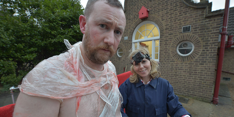 Taskmaster. Image shows from L to R: Alex Horne, Sally Phillips. Copyright: Avalon Television. Taskmaster. Image shows from L to R: Alex Horne, Sally Phillips. Copyright: Avalon Television.