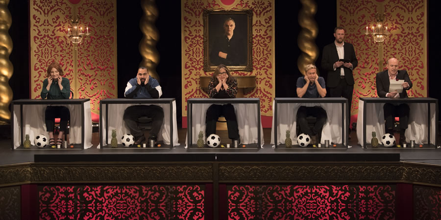 Taskmaster. Image shows from L to R: Alice Levine, Asim Chaudhry, Liza Tarbuck, Russell Howard, Alex Horne, Tim Vine. Copyright: Avalon Television. Taskmaster. Image shows from L to R: Alice Levine, Asim Chaudhry, Liza Tarbuck, Russell Howard, Alex Horne, Tim Vine. Copyright: Avalon Television.