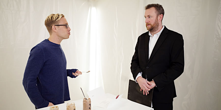 Taskmaster. Image shows from L to R: Russell Howard, Alex Horne. Copyright: Avalon Television. Taskmaster. Image shows from L to R: Russell Howard, Alex Horne. Copyright: Avalon Television.