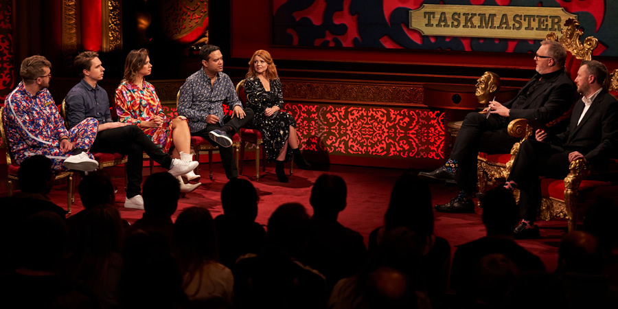 Taskmaster. Image shows from L to R: Iain Stirling, Joe Thomas, Lou Sanders, Paul Sinha, Sian Gibson, Greg Davies, Alex Horne. Copyright: Avalon Television. Taskmaster. Image shows from L to R: Iain Stirling, Joe Thomas, Lou Sanders, Paul Sinha, Sian Gibson, Greg Davies, Alex Horne. Copyright: Avalon Television.