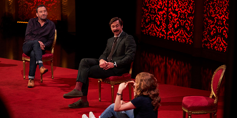 Taskmaster. Image shows from L to R: Lee Mack, Mike Wozniak, Sarah Kendall. Copyright: Avalon Television. Taskmaster. Image shows from L to R: Lee Mack, Mike Wozniak, Sarah Kendall. Copyright: Avalon Television.