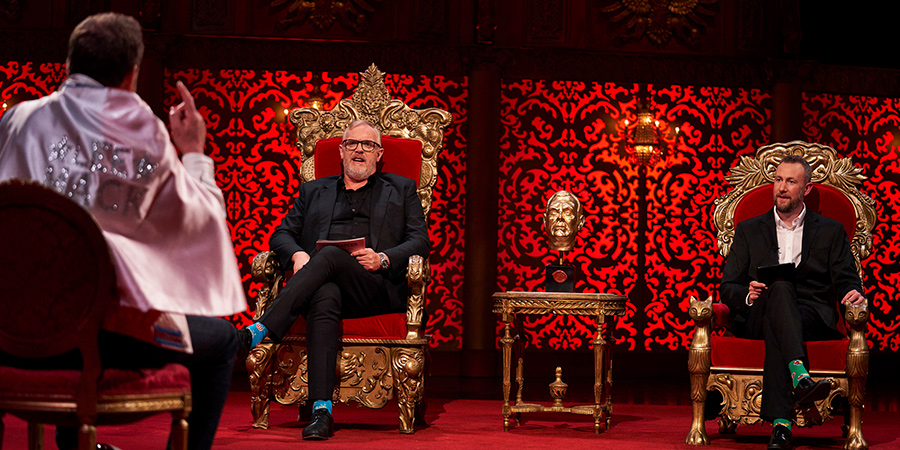 Taskmaster. Image shows from L to R: Lee Mack, Greg Davies, Alex Horne. Copyright: Avalon Television. Taskmaster. Image shows from L to R: Lee Mack, Greg Davies, Alex Horne. Copyright: Avalon Television.