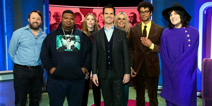 The Big Fat Quiz Of The Year. Image shows from L to R: David Mitchell, Big Narstie, Katherine Ryan, Jimmy Carr, Roisin Conaty, Richard Ayoade, Noel Fielding. The Big Fat Quiz Of The Year. Image shows from L to R: David Mitchell, Big Narstie, Katherine Ryan, Jimmy Carr, Roisin Conaty, Richard Ayoade, Noel Fielding.