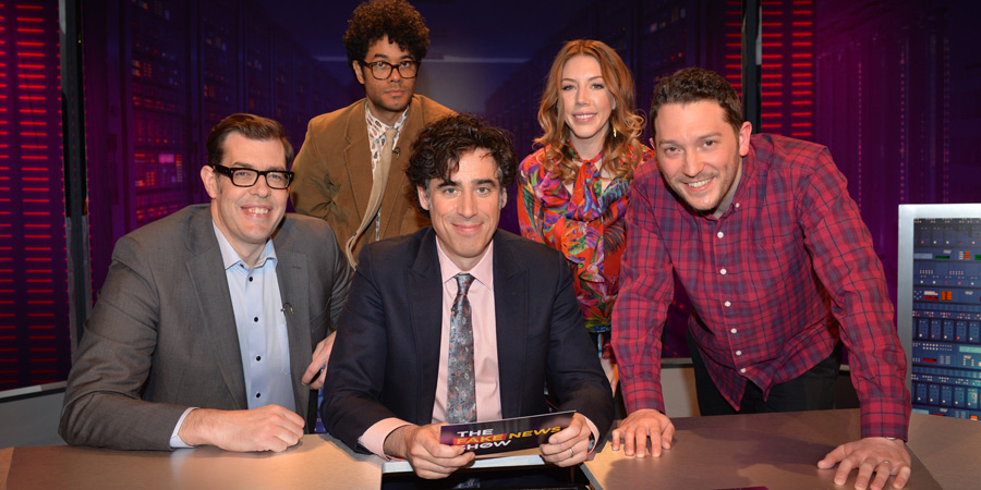 The Fake News Show. Image shows from L to R: Richard Osman, Richard Ayoade, Stephen Mangan, Katherine Ryan, Jon Richardson. Copyright: Hat Trick Productions. The Fake News Show. Image shows from L to R: Richard Osman, Richard Ayoade, Stephen Mangan, Katherine Ryan, Jon Richardson. Copyright: Hat Trick Productions.
