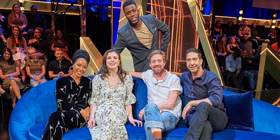 The Lateish Show With Mo Gilligan. Image shows from L to R: Jada Pinkett Smith, Aisling Bea, Mo Gilligan, Ricky Wilson, David Schwimmer. The Lateish Show With Mo Gilligan. Image shows from L to R: Jada Pinkett Smith, Aisling Bea, Mo Gilligan, Ricky Wilson, David Schwimmer.