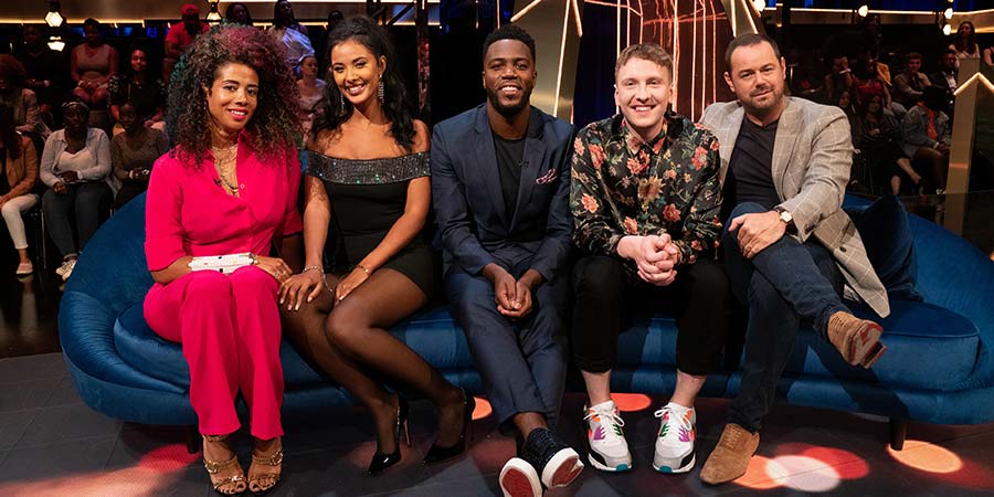 The Lateish Show With Mo Gilligan. Image shows from L to R: Kelis Rogers, Maya Jama, Mo Gilligan, Joe Lycett, Danny Dyer. The Lateish Show With Mo Gilligan. Image shows from L to R: Kelis Rogers, Maya Jama, Mo Gilligan, Joe Lycett, Danny Dyer.