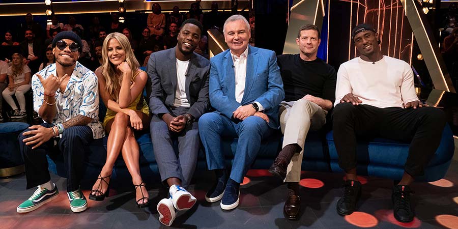 The Lateish Show With Mo Gilligan. Image shows from L to R: Anderson Paak, Caroline Flack, Mo Gilligan, Eamonn Holmes, Dermot O'Leary, Ovie Soko. The Lateish Show With Mo Gilligan. Image shows from L to R: Anderson Paak, Caroline Flack, Mo Gilligan, Eamonn Holmes, Dermot O'Leary, Ovie Soko.